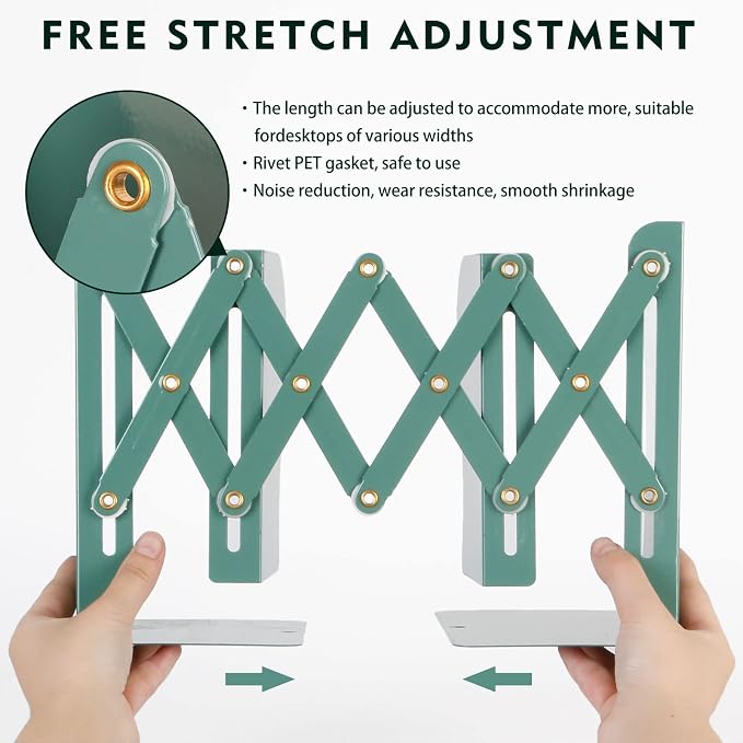 Adjustable Metal Bookends Heavy Duty for Shelves, 2 Dividers, Anti-Slip Design Expandable Book Ends for Desk, Office(Dark Green, 19 inches Max)