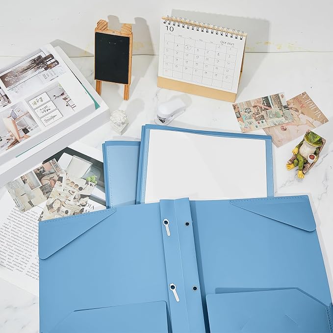 Henoyso 36 Pcs Plastic Folder with Clear Front Pocket and 3 Prong Plastic Folders with Card Slot Pocket Folders with Prongs for School Office (Haze Blue)