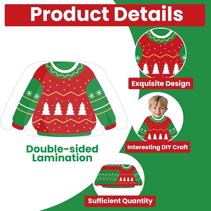 60Pcs Christmas Ugly Sweater Cutouts Bulletin Board Decoration Ugly Sweater DIY Photo Craft Cutouts Winter Classroom Supplies for Teacher Student Xmas Holiday Party School Chalkboard Wall Decor