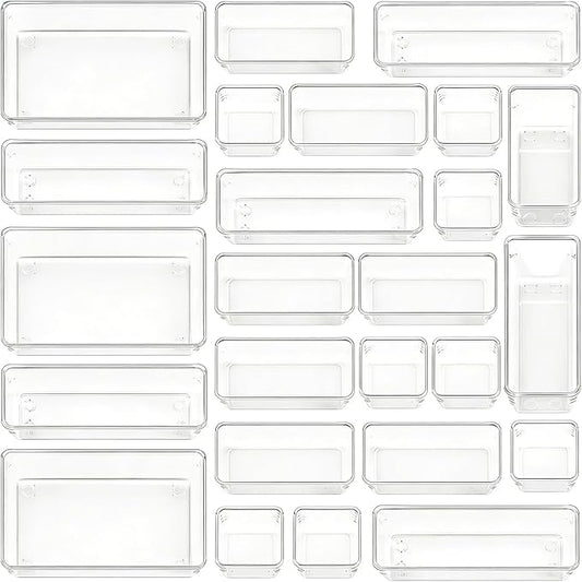 Clear Acrylic Drawer Organizer Trays, 5 Size Junk Box Organization Small Storage Container Bin for Desk Makeup Bathroom Vanity Kitchen Tool Make Up Workspace Home Dorm Apartment Office Room Nightstand