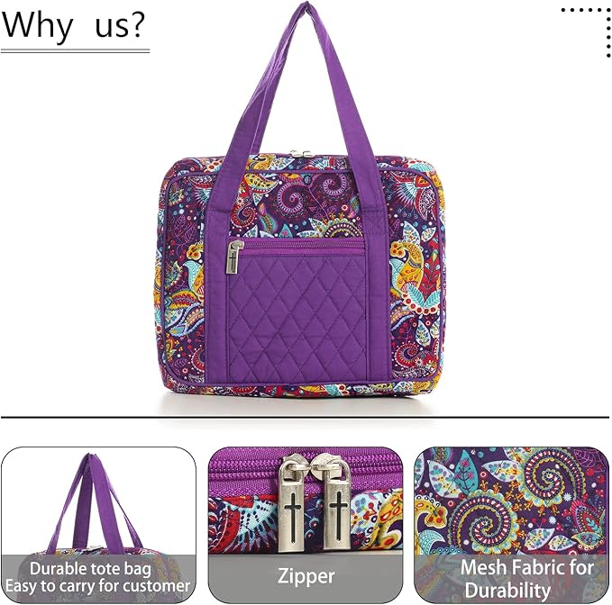 DIWI Quilted Bible Cover Extra Large Sizes 11.25 X 8.25 X 2.75 Inches Bible Tote Good Book Case (XL, C2 Purple Garden)