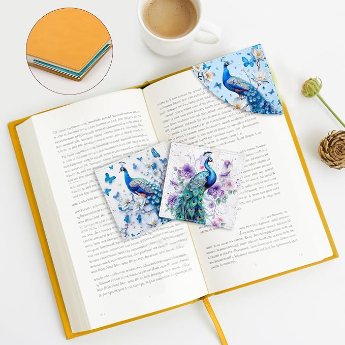 Icycay Peacock Corner Bookmarks, Cute Leather Book Accessories for Book Lovers, 3 Pcs Reading Book Page Markers for Women Men Student Teacher Girls Boys Kids Retirement Birthday Gifts