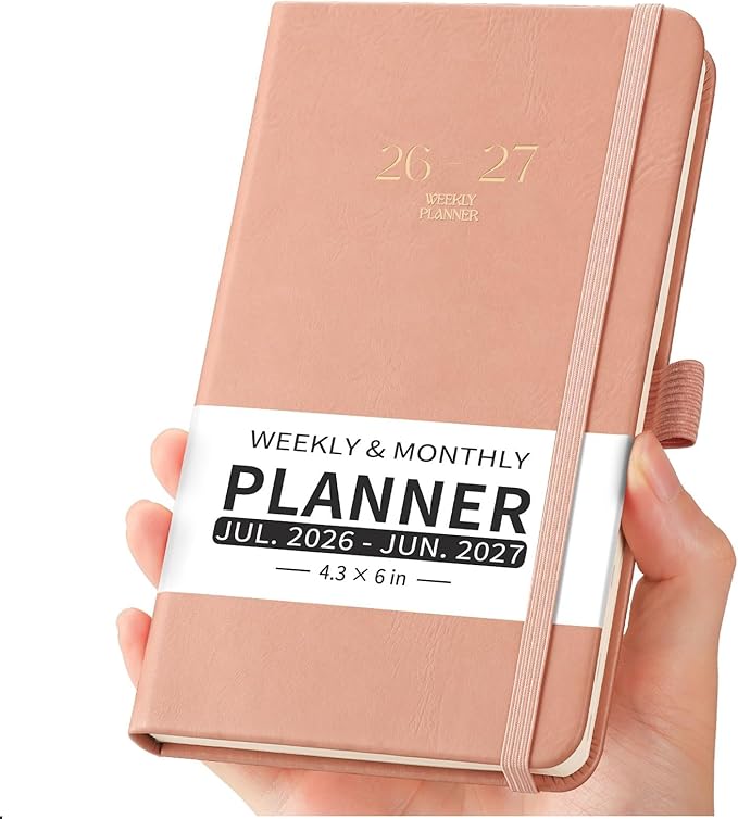 EMSHOI Pocket Calendar 2026-2027, Small Mini Academic Planner Weekly and Monthly, July 2026-June 2027, School Student Teacher Agenda, Leather Hardcover, 100GSM Paper, Tabs, A6 4.3"x6", Pink