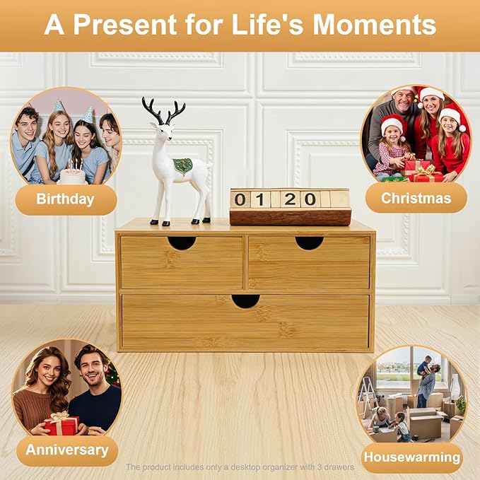 Desk Organizer, Office Vanity Bamboo Desk Organizer, Mini Bamboo Desk Drawer Tabletop Storage Box with 3 Drawer Night Stand Table Organizer for Makeup Vanity Office Supplies (3 Drawer, 2 Top+1 Bottom)