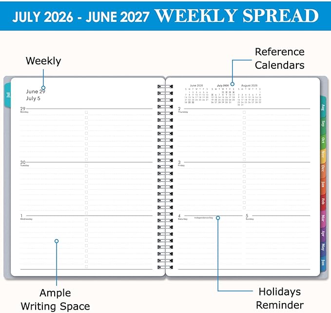 Planner 2026-2027 - Academic Planner from July 2026 - June 2027, 7.7" x 9.8", Calendar Planner 2026-2027, Weekly and Monthly Planner Spiral Bound, Flexible Cover, To-Do List, 12 Monthly Tabs