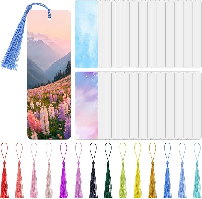 50 Pcs Sublimation Bookmark Blank Bulk DIY Bookmarks with Colorful Tassels, 2x6 Inch White Cardstock Blank Bookmarks for Custom Heat Transfer Crafts and Personalized Gifts