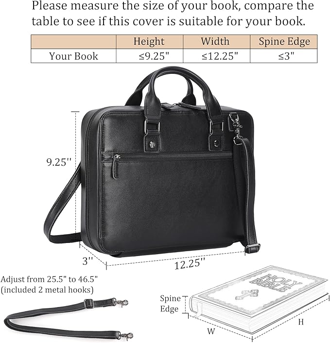 Polare Napa Leather Bible Cover Bag with Handle & Strap, Large Bible Carrying Case Organizer for Church Bible Study, Premium Christian Gift for Men and Women (Black)