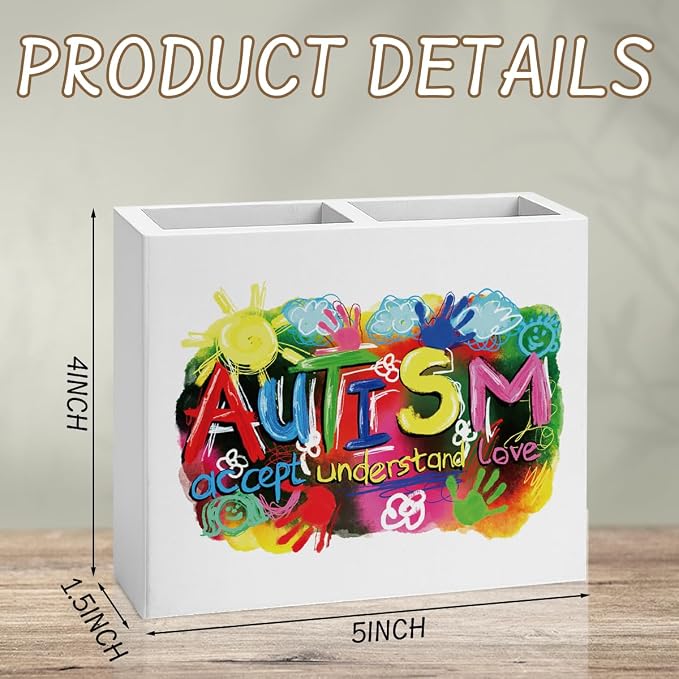 Autism Pencil Holder Decor Education Teacher Gifts for Office SPED Teachers Gift Autism Awareness Wooden Organizer Vase for Office Home Desk Gifts for Autistic Adult Girl Boy