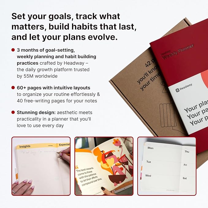 Headway 2026 Planner, 3-Month Leather Soft Cover Calendar Planner for Women, 8.2" x 6.5", Agenda & To-Do List Book with Bookmark, Undated Daily & Weekly Pages, Organizer for School Home Office, Red