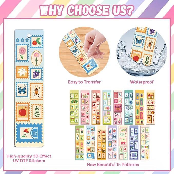Peacoblue 30pcs UV DTF Bookmarks Transfer Stickers Wraps Stamps for Women Men Reading, Waterproof Bookmarkers Decal(No Blank Bookmarks) for Acrylic Plastic Metal Blank Bookmark
