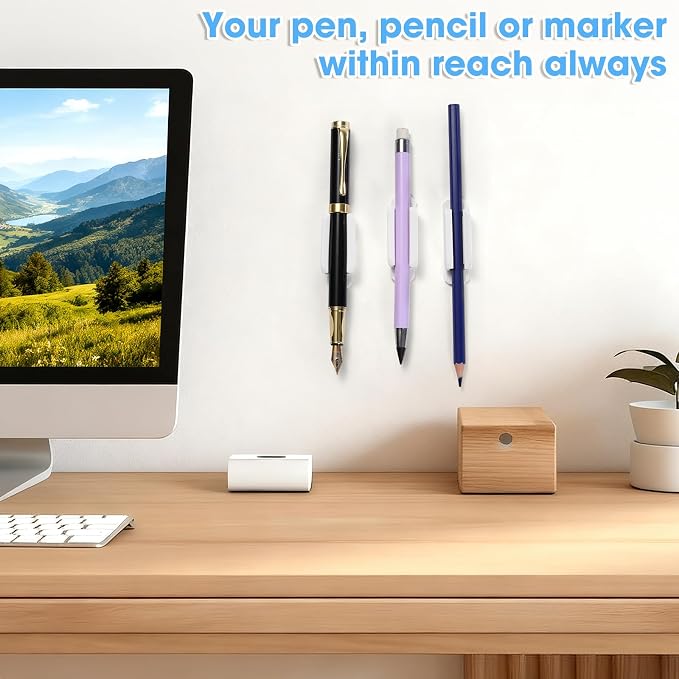 VZZNN 40 Pack Adhesive Pencil Holders for Desk - Reusable Silicone Pen Grips for Desk Organization, Wall, Clipboard, Office & Teacher Supplies with Strong Sticky Pads (White)
