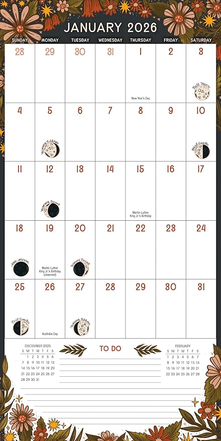 Moon Phases 2026 Wall Planner with Large Monthly Grid, 12-Month Family Organizer Calendar Book: 2026, Lunar Calendar with Daily Moon Cycles, 12" x 12"