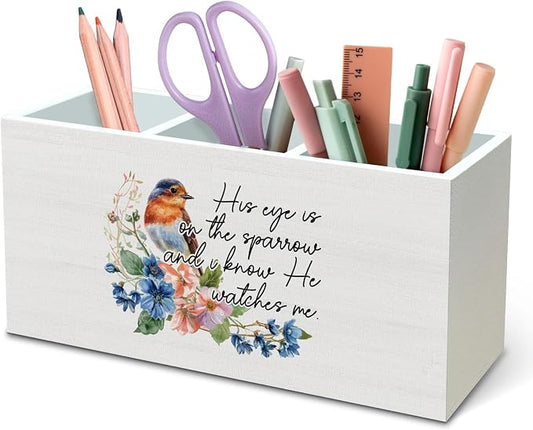 DILSJ Christian Bird Pen Pencil Holder Organizer for Desk, Christian Gifts for Women, His Eye Is on the Sparrow Bible Verse Bird Wooden Box Signs for Home Office Desk Tabletop Decoration