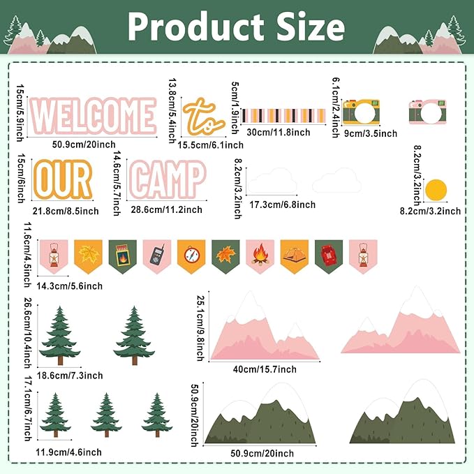 Camping Bulletin Board Set Woodland Classroom Decor Welcome to Our Camp Forest Mountain Classroom Decorations Border Adventure DIY Photo Craft Camper Cutouts for Students School Wall Party Supplies