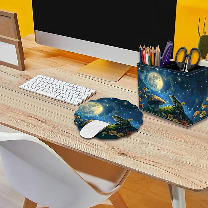 Pen Holder for Desk, PU Leather Multifunctional Desktop Storage Box and Anti-Slip Mouse Pad Set, Makeup Brush Holder Pen Organizer for Office and Home - Frog Mushroom