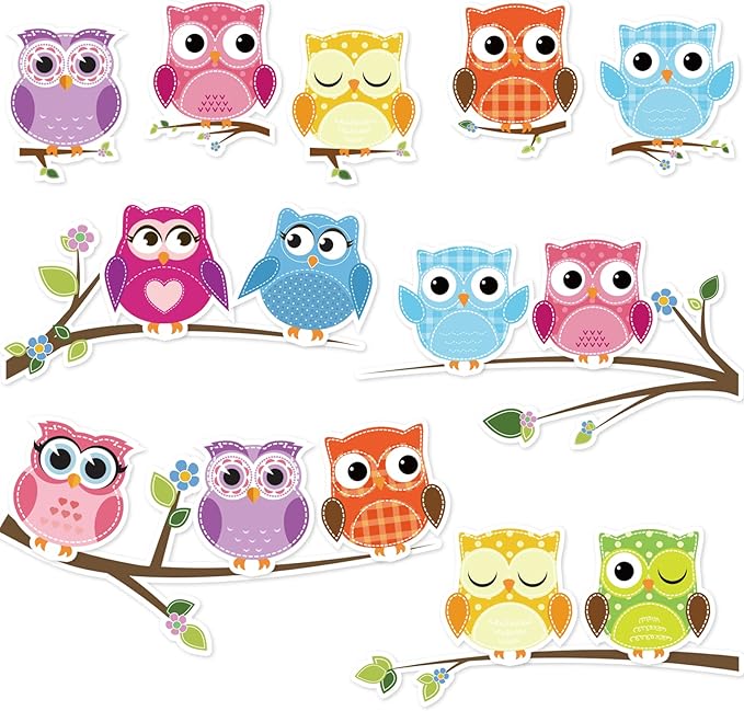 AnyDesign 54 Pcs Back to School Cutouts with 120 Pcs Glue Points Colorful Owls Cut-Outs Name Tags Labels Bulletin Board Decoration for Classroom Kindergarten First Day of School Decorations