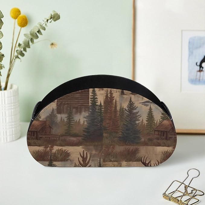 Rustic Lodge Bear Moose Remote Control Holder Desk Storage Organizer Box PU Leather Remote Caddy with 5 Compartments Fashionable Pen Storage Box Modern Desktop Organizer