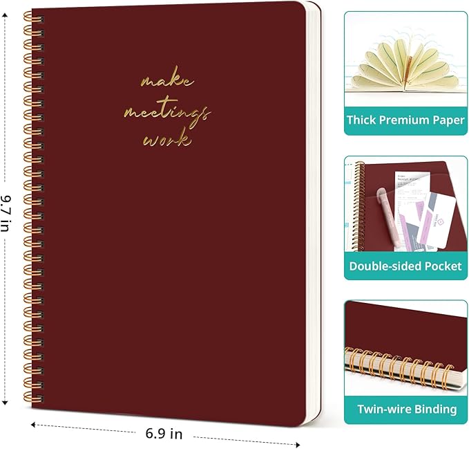 Meeting Notebook for Work Organization - Work notebook with action items, Meeting Minutes Planner Notebook, Perfect Office Supplies for Men & Women - Burgundy