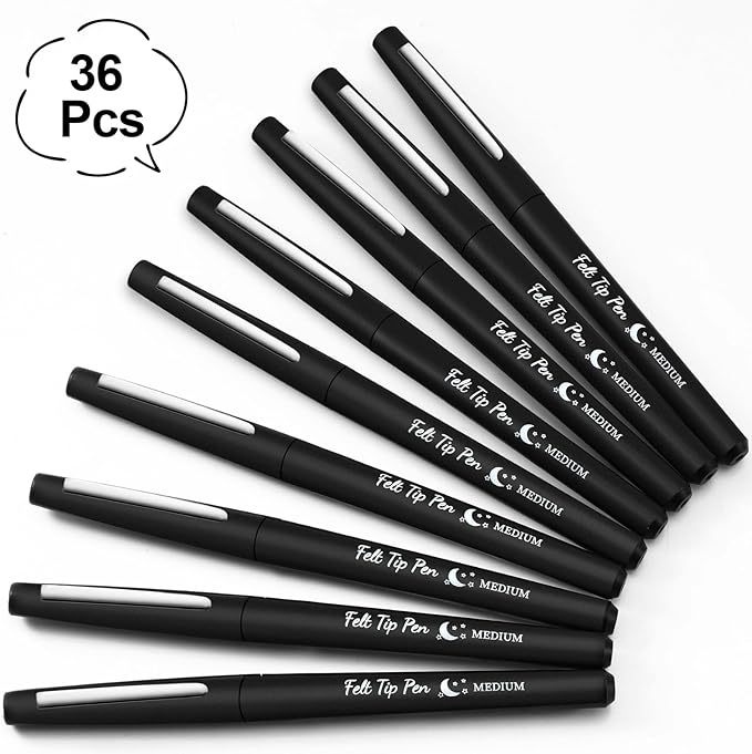 Fuyoooo 36 Pcs Black Felt Tip Pens 0.7mm Medium Point Felt Tip Marker Pens Bulk, No Smear, Quick Dry for Journaling Planner Writing Note-taking Art Office and School Supplies