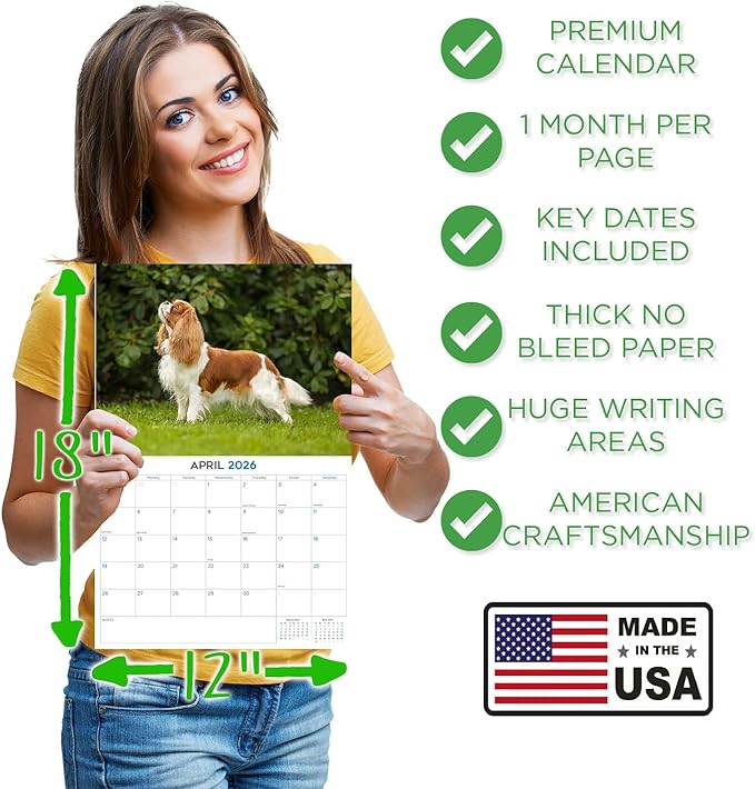 2025 2026 Cavalier King Charles Calendar - Dog Breed Monthly Wall Calendar - 12" x 18" Open - Thick No-Bleed Paper - Giftable - Academic Teacher's Planner Calendar Organizing & Planning - Made in USA