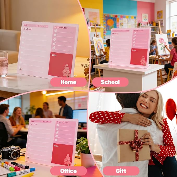 LeMotech Desktop Acrylic Dry Erase Board, 12x10 inches to-Do List Planner, Tabletop Whiteboard with Stand Office Supplies Includes 2 Markers & 1 Eraser, Pink Rose Pattern, 1 Pack