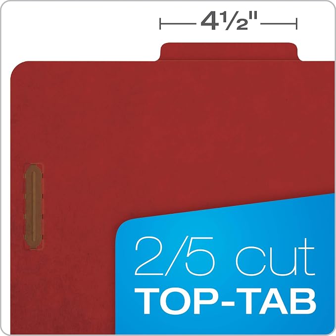 Pendaflex Recycled Classification File Folders, 1 Divider, 2" Embedded Fasteners, 2/5 Tab Cut, Letter Size, Red, Box of 10 (23775R)