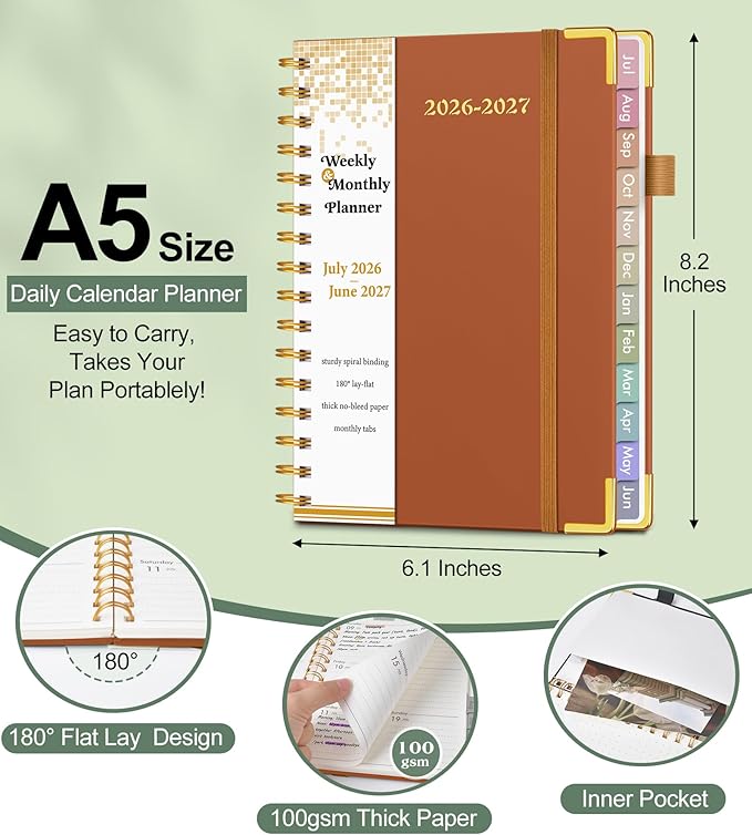 Academic Planner 2026-2027, Hardcover Weekly and Monthly Calendar Planner from July 2026 - June 2027, Daily Agenda Planners with Tabs, College School Organizer for Student Teacher, A5 (6.1" x 8.2"), Brown