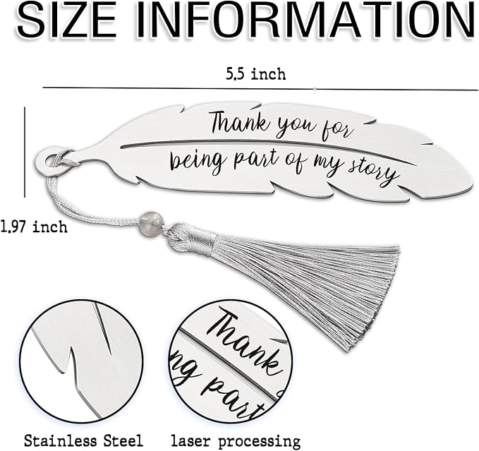 Thank You for Being Part of My Story Bookmark, Appreciation Gift for Teacher Mentor Leader Coworker, Graduation Retirement End of Year Gift, Metal Feather Bookmark with Tassel VBK217