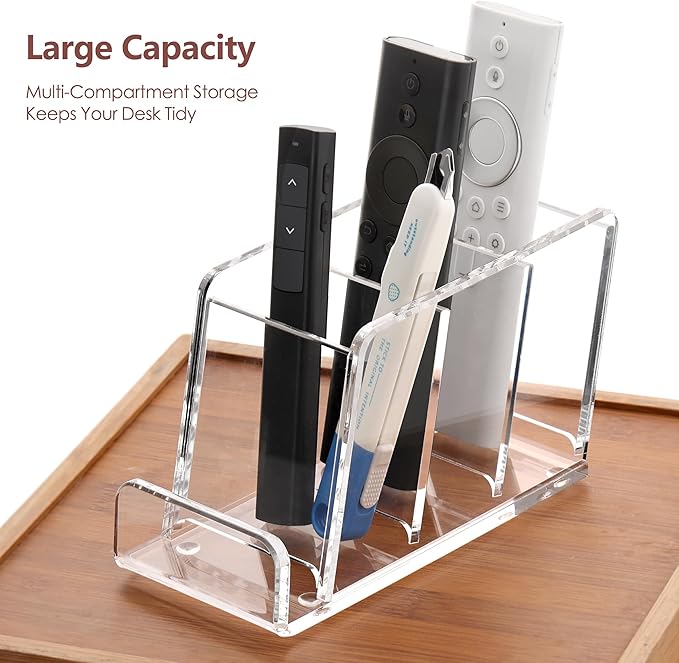 Acrylic Remote Control Holder, 4 Compartments TV Remoter Caddy Desktop Organizer Makeup Brush Holder Storage Fits TV Remotes, Media Controllers, Office Supplies(Clear)