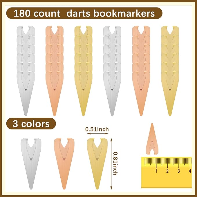180 Pieces Metal BookDarts Bookmarks Bulk Mini Tin Brass Book Line Marker Mixed Page Marker Clips for Reading Readers Book Lovers Men Women, 3 Colors