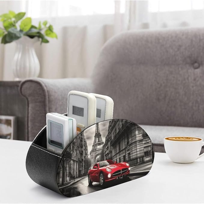 City Street Red Car Remote Control Holder TV Remote Caddy with 5 Compartments PU Leather Storage Box Stylish Desk Organizer for TV/DVD/Accessories Desk Office Supplies Home