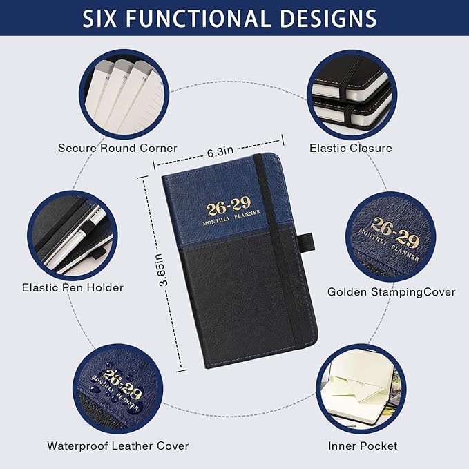 2026-2029 Pocket Calendar/Planner - 3 Year Monthly Pocket Calendar 2026-2029 from July 2026 to June 2029, 6.4" x 3.8", with Elastic Closure