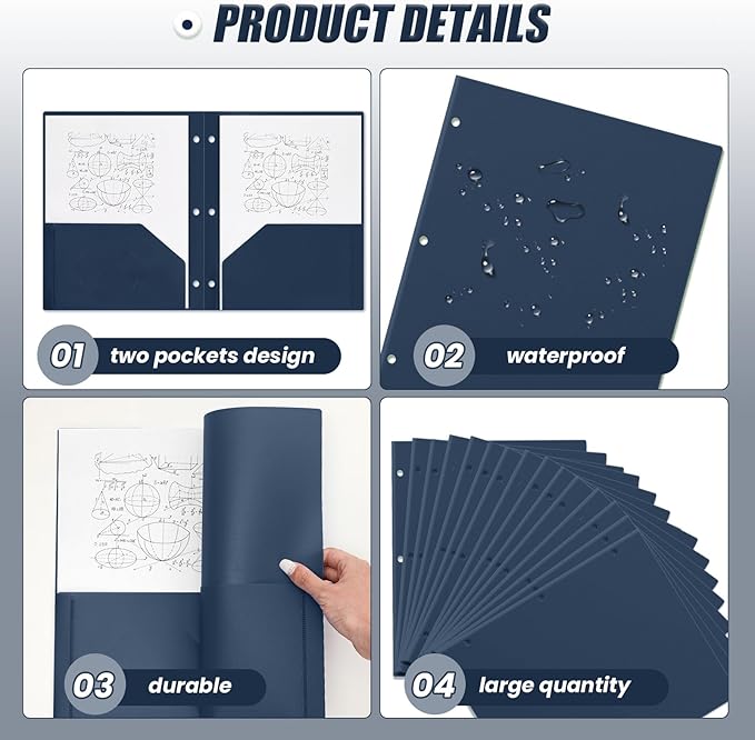 Yeaqee 50 Pcs Plastic Folders with Pockets Bulk 3 Hole Punched 2 Pocket File Folders for 3 Ring Binder Divider Folder for Notebooks, Durable Poly for Office Home (Navy Blue)