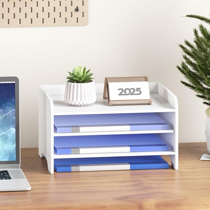 Desk File Organizer 4-Tier Desktop Paper Mail Organizer Document Holder for Home Office Supplies, Office Desk Accessories & Workspace (White)