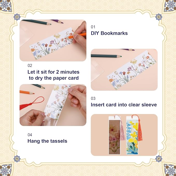 60 Sets Kraft Paper Blank Bookmarks with Tassels, Cardstock DIY Bookmark Making Kit, DIY Projects Party Favor Gift Tag Bulk PVC Tags, 60 Bookmarks 60 Clear Bookmark Sleeves 60 Tassels