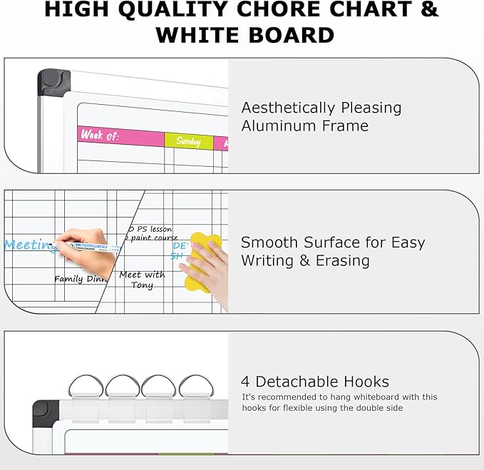 EAONE 16 x 12 in Magnetic Dry Erase Chore Chart Whiteboard for Kids/Teens/Adults, Double Sided Chore Board Weekly Calendar for Wall with Aluminum Frame, 8 Markers, 4 Magnets & 1 Eraser, Colored