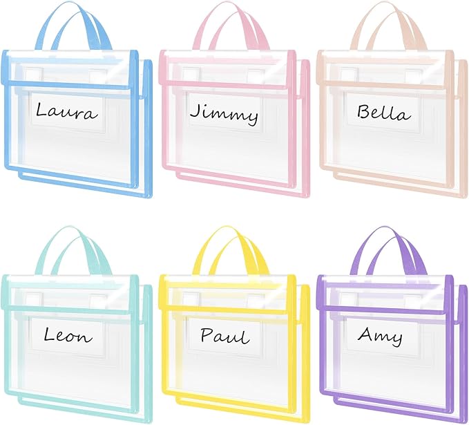 Teling 12 Pack Thick Clear Book Pouches with Blank Name Tags and Handles Book Baggies Bags Bins Organizer for School Classroom Library Pockets Students (14 x 11 Inch,Pastel Color)