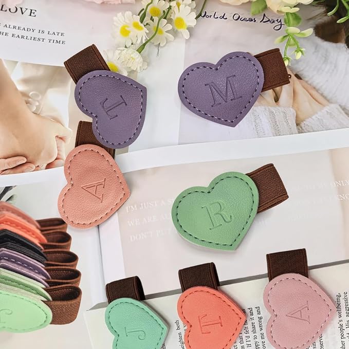Personalized Magnetic Leather Heart Bookmark with Pen Holder - 26 Letters Custom Book Mark Notebook Pencil Loop with Initial Book Marker for Readers, Book Lovers- Gifts for Women Men(Black & Orange,A)