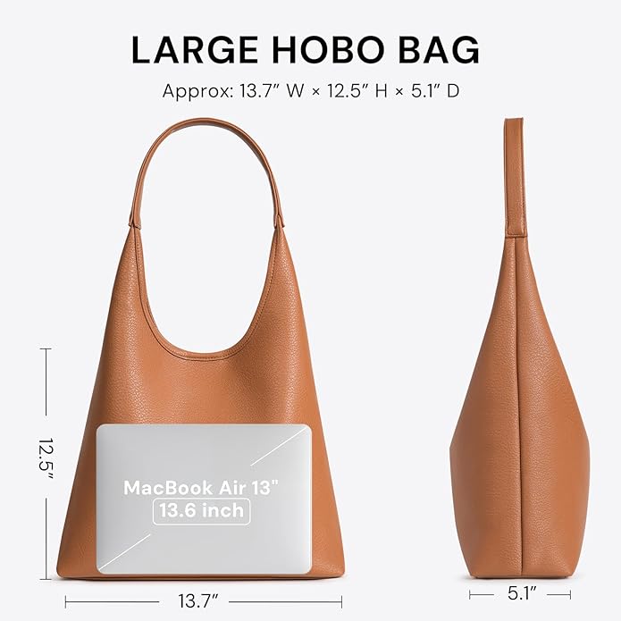 Hobo Bag for Women, Large Slouchy Shoulder Bag, Soft Vegan Leather Everyday Tote Purse, Stylish Handbag Fits 13.6'' Laptop