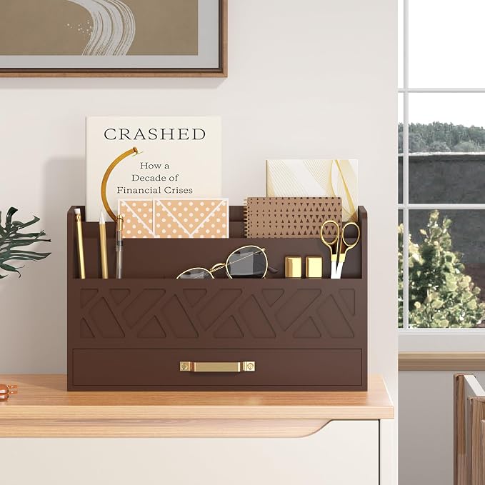 WISUCART Bamboo Mail Organizer Countertop Wood Desk Organizer Drawer Tabletop Storage Box Letter Sorter Makeup Organizer for School Home Office Supplies Brown