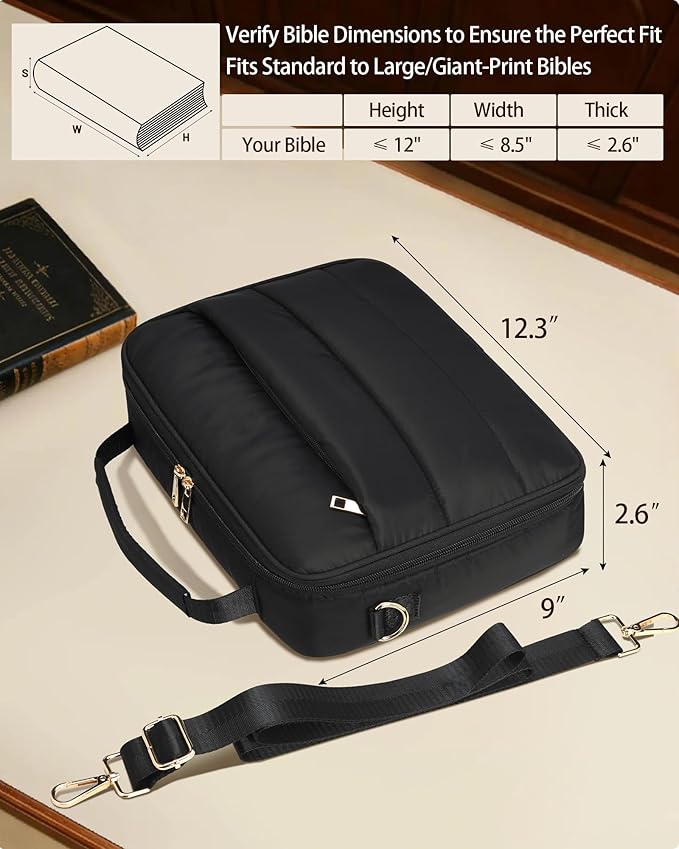 Bible Cover Case for Women, Large Quilted Puffer Bible Bag with Shoulder Strap, Womens Book Carrying Case for Church, Cute Bible Carrier Study Supplies Gifts for Christian Lady, Black