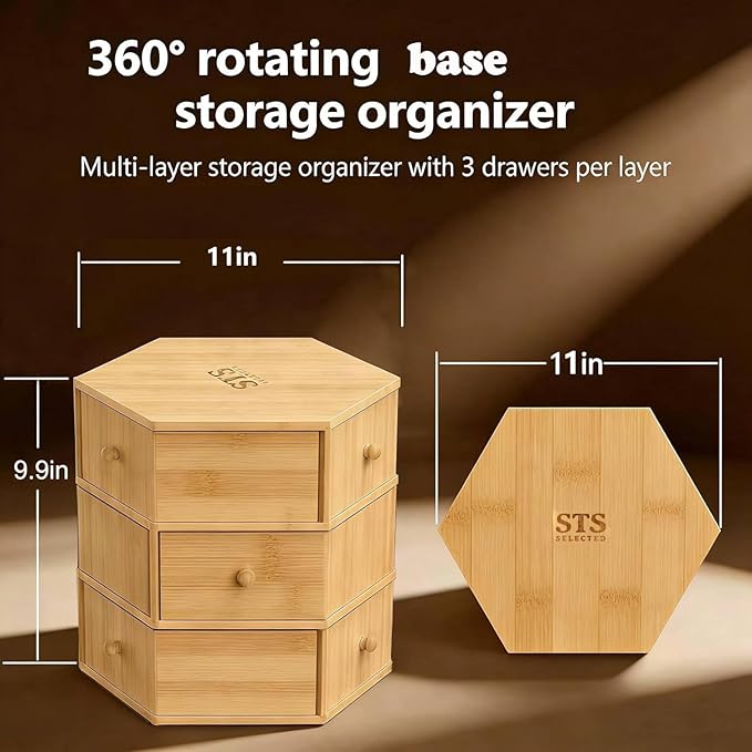 360° Rotatable Bamboo Desktop Organizer, Large Capacity Cosmetic & Jewelry Storage for Makeup Serum, Diamond, Easy Setup No Assembly (3-Tier 9-Drawers)