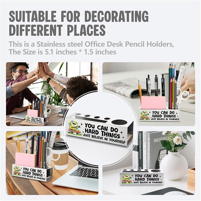 FOKCBOCM Motivational Office Pen Holder with Frog Design, Stainless Steel Desk Organizer Gift for Coworker, Encouragement Workspace Decor, Positive Daily Reminder Desk Accessory-DS119