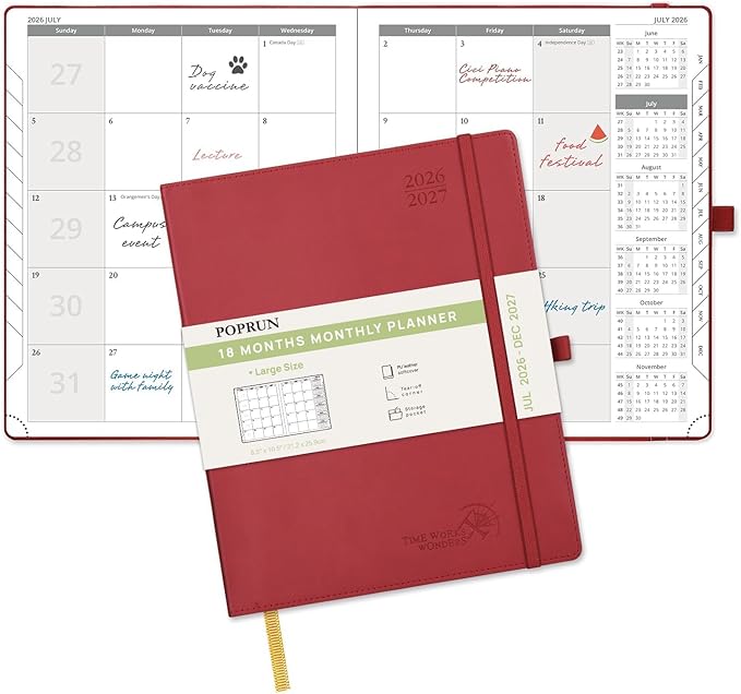 POPRUN Monthly Planner 2026-2027 (Large- 8.5" x 10.5" Soft Cover), 18-Month Calendar Book (Jul.2026-Dec.2027), Calendar Planner with Monthly Tabs & Pocket, 100 GSM Paper - Burgundy