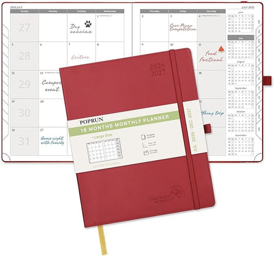 POPRUN Monthly Planner 2026-2027 (Large- 8.5" x 10.5" Soft Cover), 18-Month Calendar Book (Jul.2026-Dec.2027), Calendar Planner with Monthly Tabs & Pocket, 100 GSM Paper - Burgundy