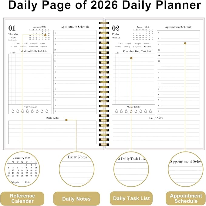 2026 Daily & Monthly Planner Calendar - Daily Planner Calendar One Page Per Day from January 2026 to December 2026, Flexible Cover, 7" x 10", Storage Pocket, Colorful Large Flower