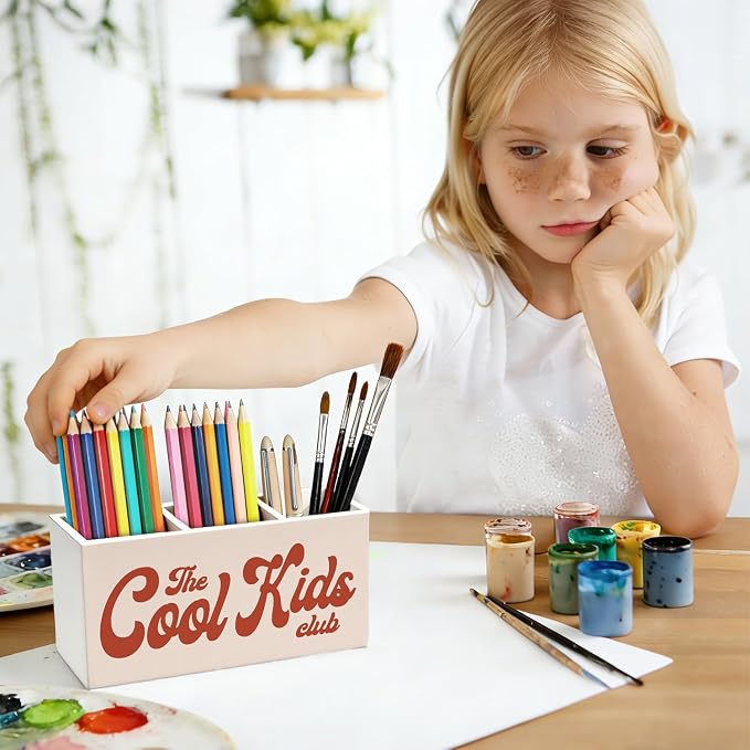Kids Room Decor Pen Pencil Holder for Desk, The Cool Kids Club Wooden Box Sign Decorations for Boys Girls Room Bedroom Playroom Classroom Desk Tabletop