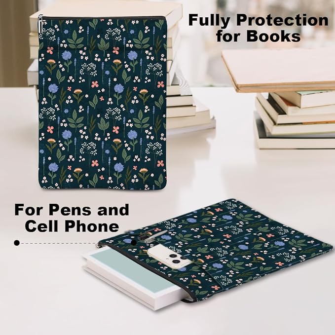 Wildflower Pattern Book Lovers Gifts Waterproof Book Sleeve Book Pouch Book Protector with Zipper and Front Pocket BookCover Case for Women Girl Readers Librarian Book Accessories Book Club Gifts