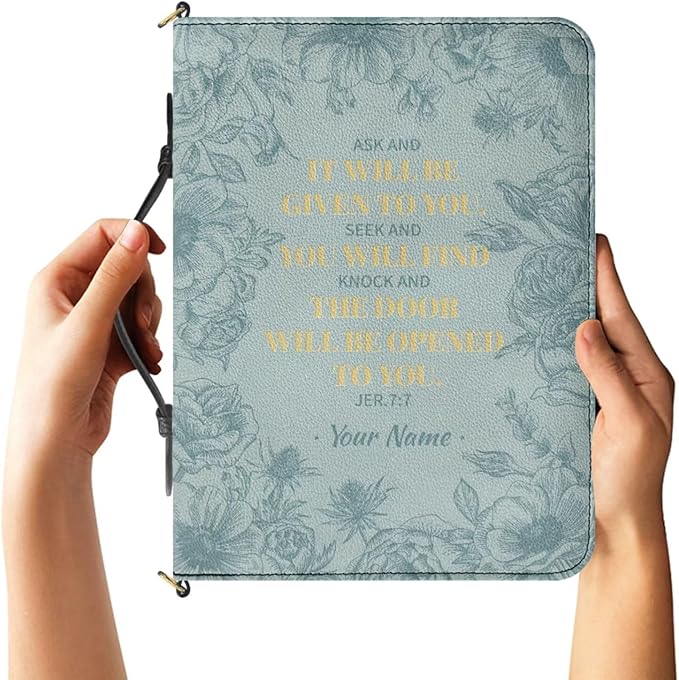 Custom Bible Covers for Women, Floral Teal Design with JER 7:7 Inspirational Bible Verse PU Leather Bible Case with Zipper, Handle & Detachable Adjustable Strap, Extra Extra Large
