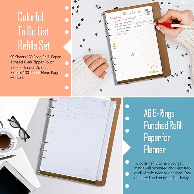 Rancco A6 Planner Inserts to Do List, 90 Pages Colorful 6-Ring Loose-leaf Planner Refills w/Binder Divider, Zipper Pouch, Ruler, Index Tab for Personal Journal, Filofax, Double-sided,Undated,6.9x3.7"